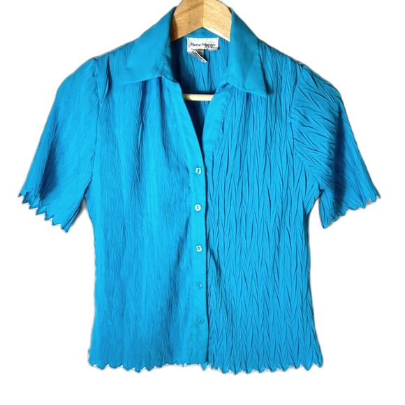 Vintage 90s Rene Margo Turquoise Blue Crinkle Pleated SS Button Down Top Size S - Picture 1 of 11